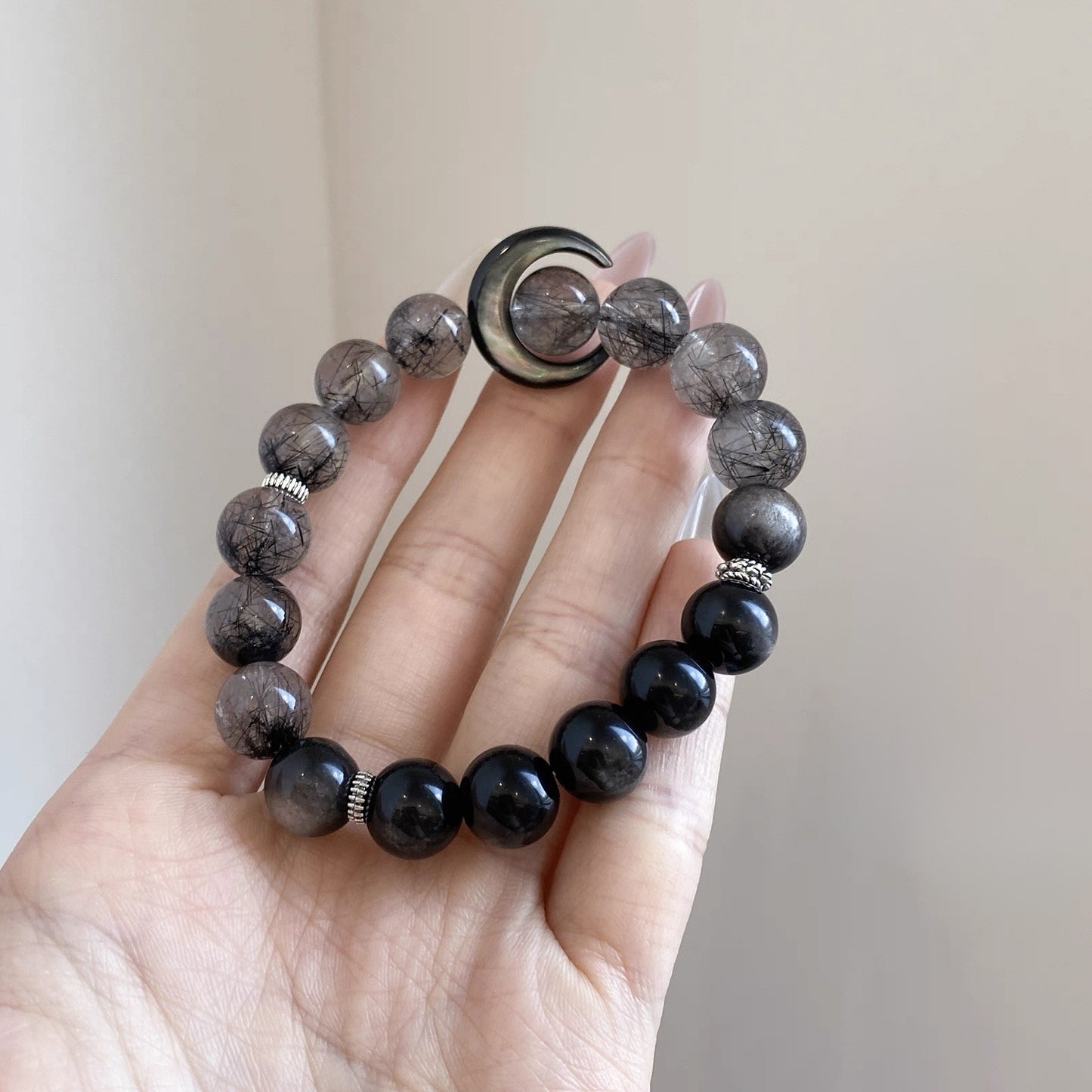 "Midnight Eclipse" Black Rutilated Quartz & Silver Obsidian Bracelet