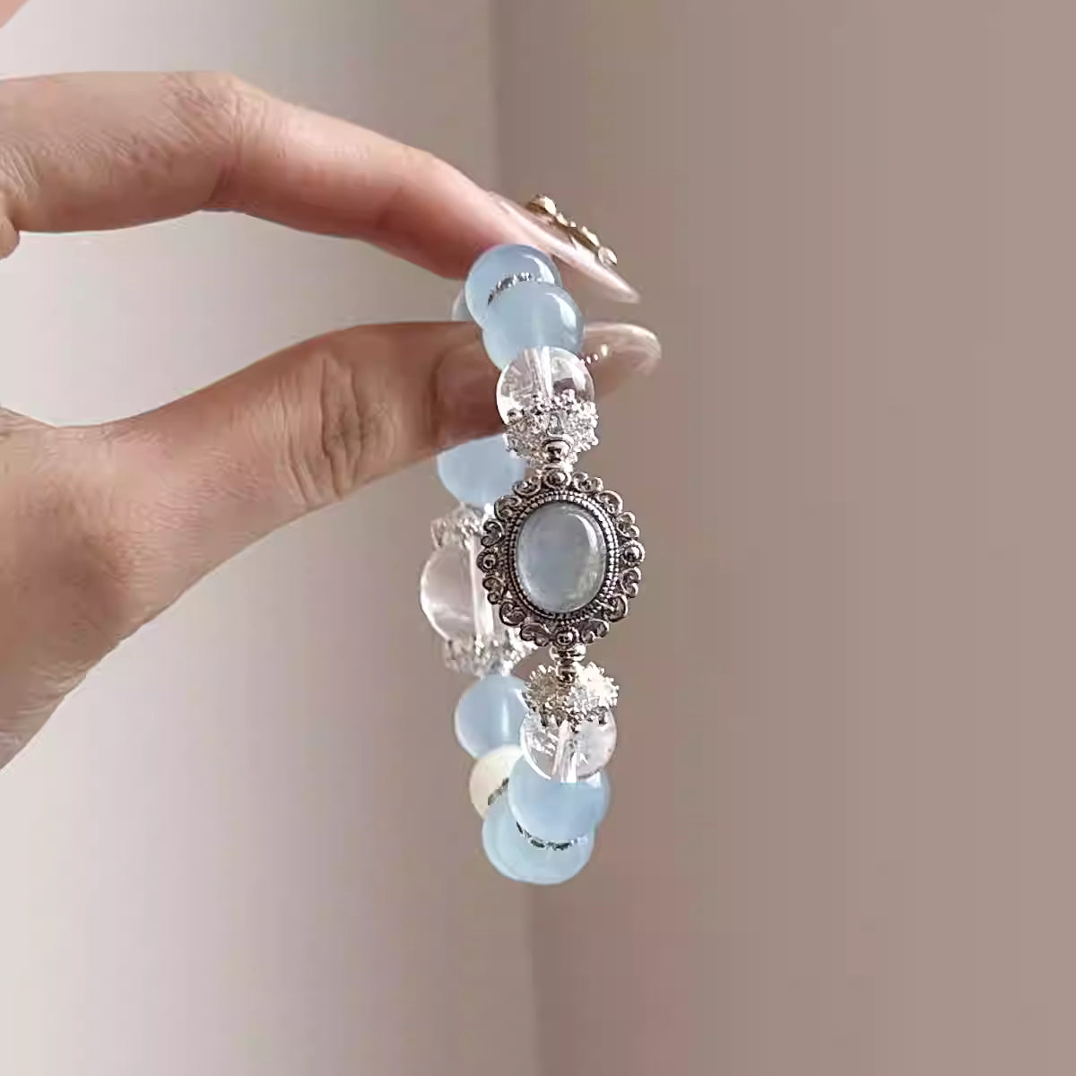 "Lunar Cove" Aquamarine & White Azeztulite Bracelet