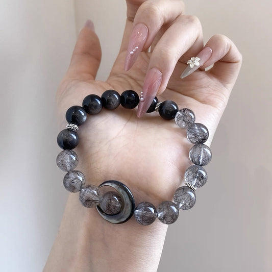 "Midnight Eclipse" Black Rutilated Quartz & Silver Obsidian Bracelet