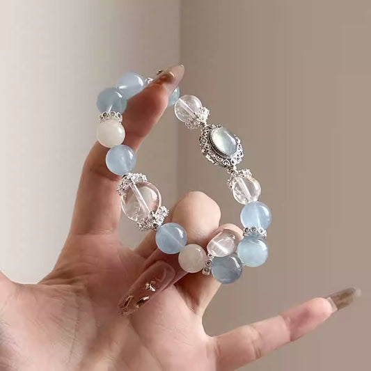 "Lunar Cove" Aquamarine & White Azeztulite Bracelet